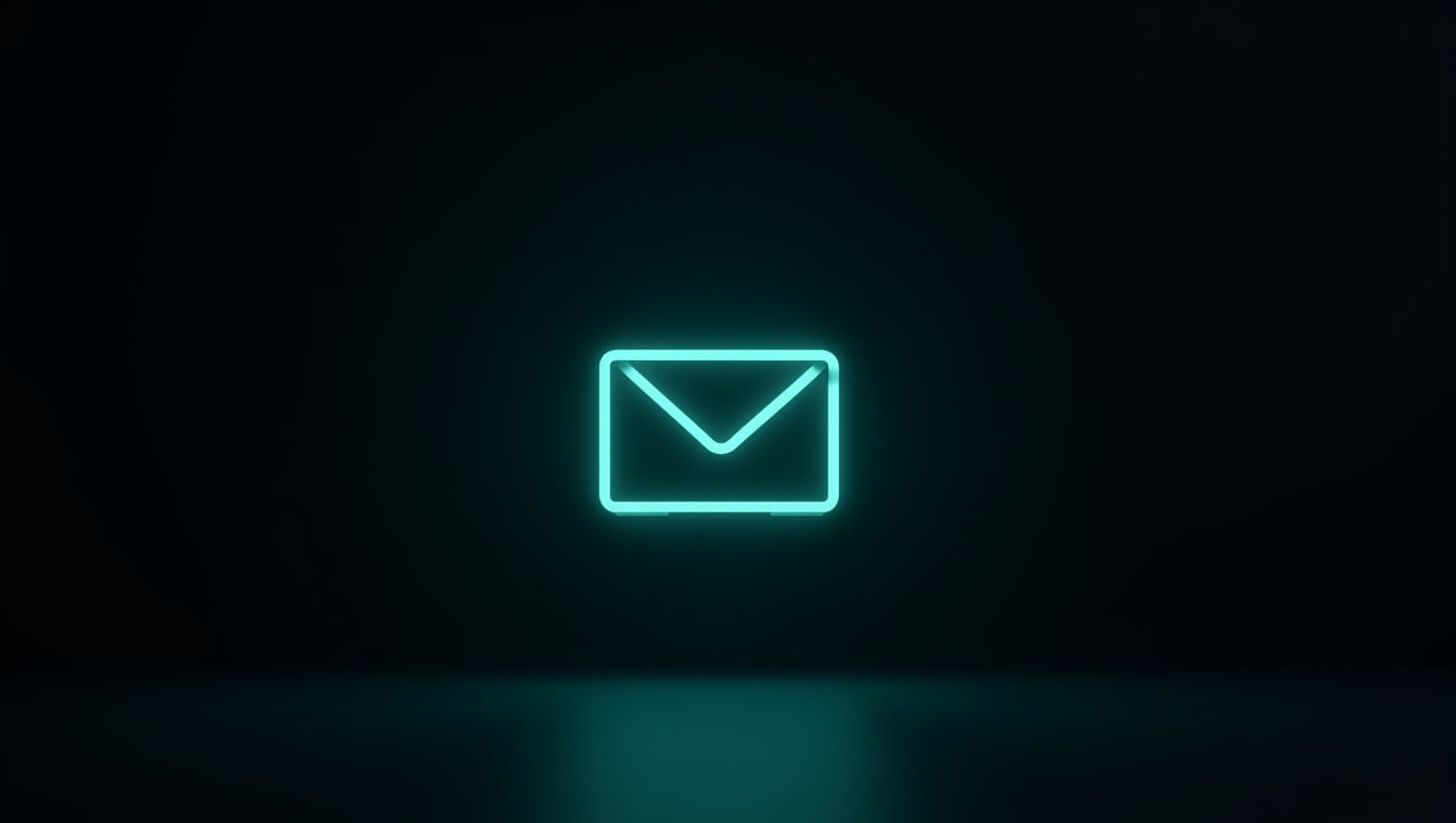 Neon blue email icon on a black background