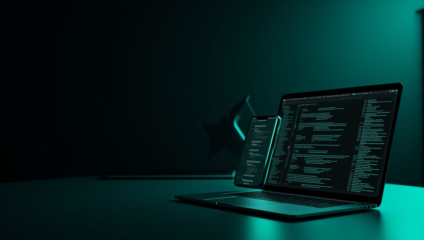 Laptop with code on screens in a dark room with teal lighting