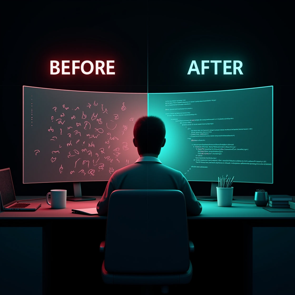 Person sitting at a desk with two monitors, one labeled 'Before' with red text and the other labeled 'After' with green text.