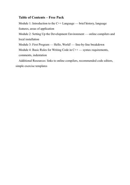 Table of contents for a free C++ language learning pack on a white background
