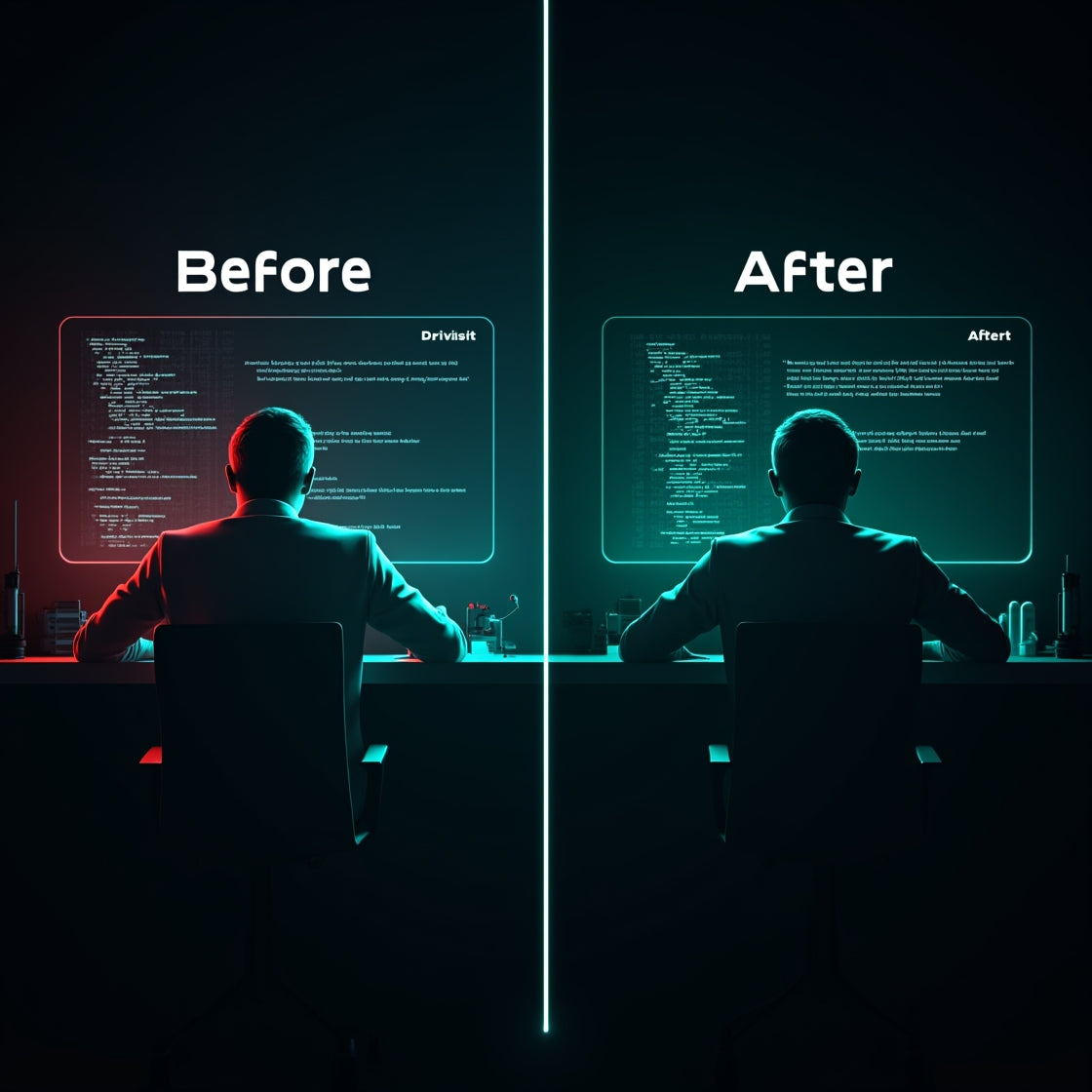 Before and after comparison of a person working on a computer with code displayed.