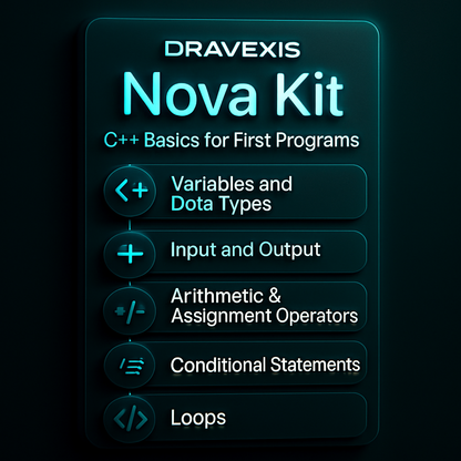 Dravexis Nova Kit C++ Basics for First Programs on a dark background