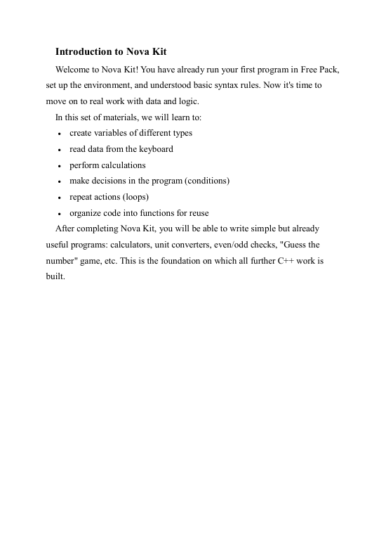 Text document introducing 'Nova Kit' with programming concepts on a white background