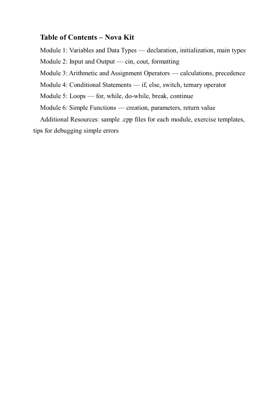 Table of contents for a programming kit named 'Nova Kit' with modules and additional resources listed.