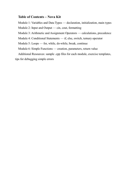 Table of contents for a programming kit named 'Nova Kit' with modules and additional resources listed.