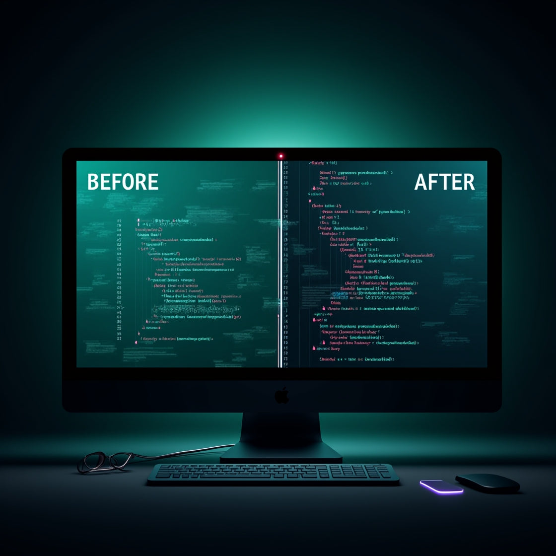 Computer monitor displaying code with 'Before' and 'After' comparison on a dark background