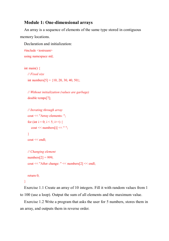 Code snippet for one-dimensional arrays in C with comments and examples.