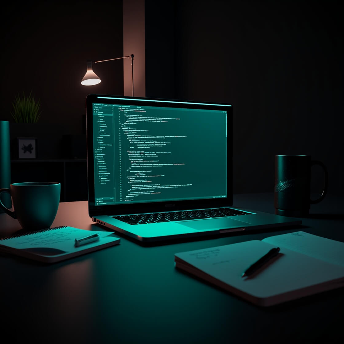 Laptop with code on screen on a dark desk with a mug and notebook.