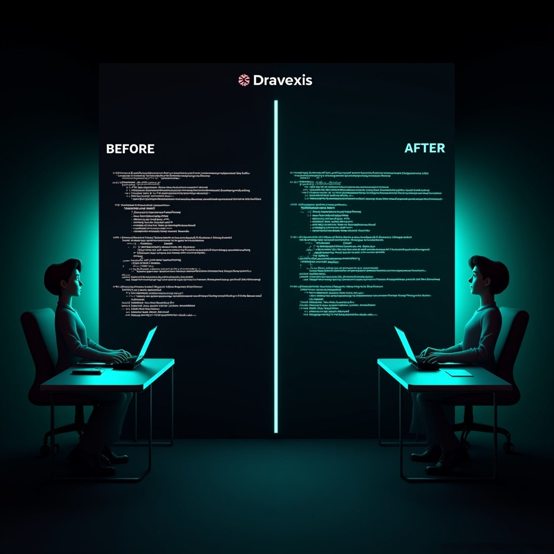 Two people working on laptops with a Dravexis logo and code comparison between 'Before' and 'After'.