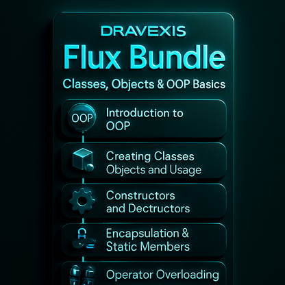 Dravexis Flux Bundle course outline on a dark background