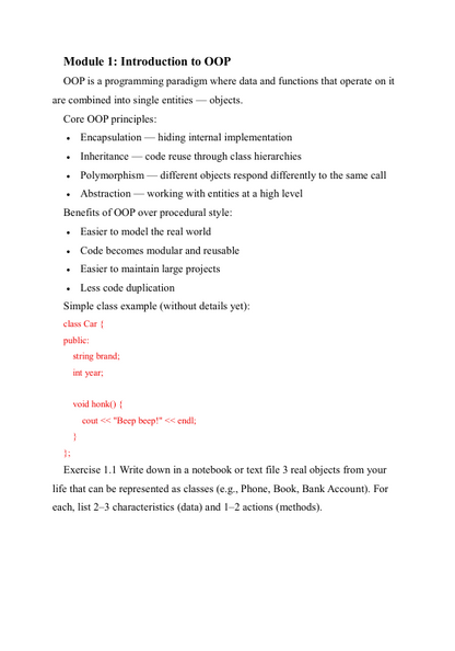 Sheet of paper with text on OOP principles and a simple class example.