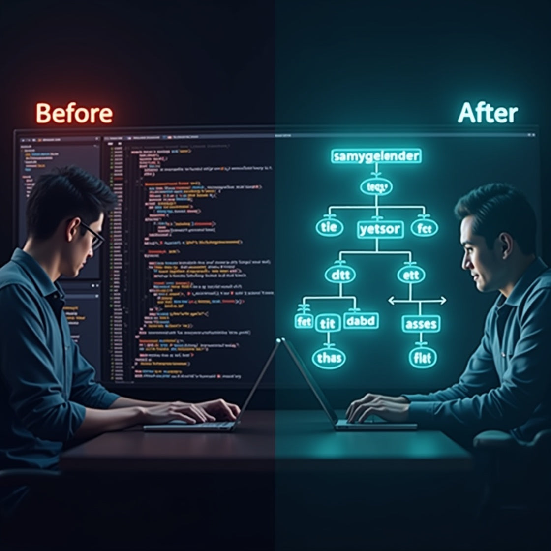 Two people working on laptops with 'Before' and 'After' comparisons of code and a tree diagram.