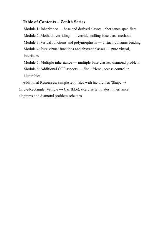 Table of Contents for a software development course on inheritance and polymorphism.