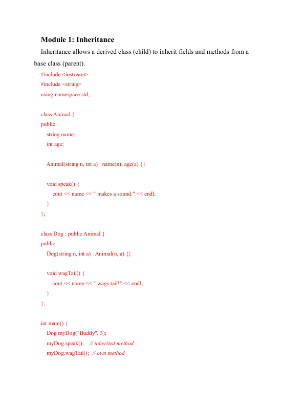 Code snippet showing inheritance in C++ with Animal and Dog classes.