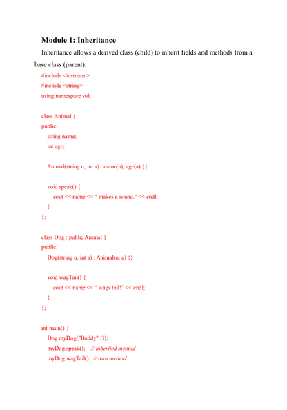 Code snippet showing inheritance in C++ with Animal and Dog classes.