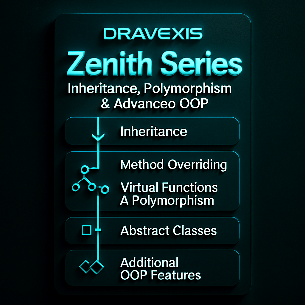 Dravexis Zenith Series diagram on inheritance, polymorphism, and advanced OOP concepts.