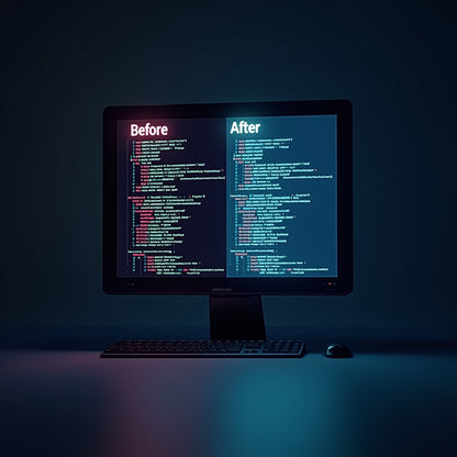 Computer monitor displaying code comparison between 'Before' and 'After' on a dark background