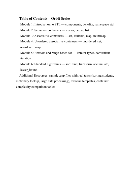Table of Contents for a software development module series on STL containers and algorithms.