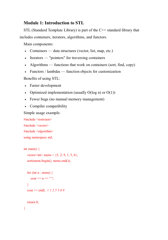 Text document about STL (Standard Template Library) in C++ with code examples on a white background.