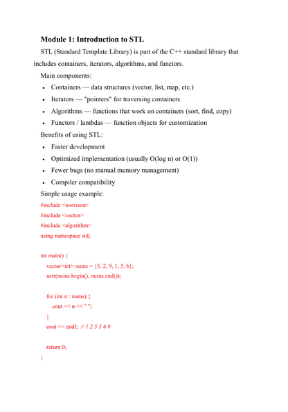 Text document about STL (Standard Template Library) in C++ with code examples on a white background.