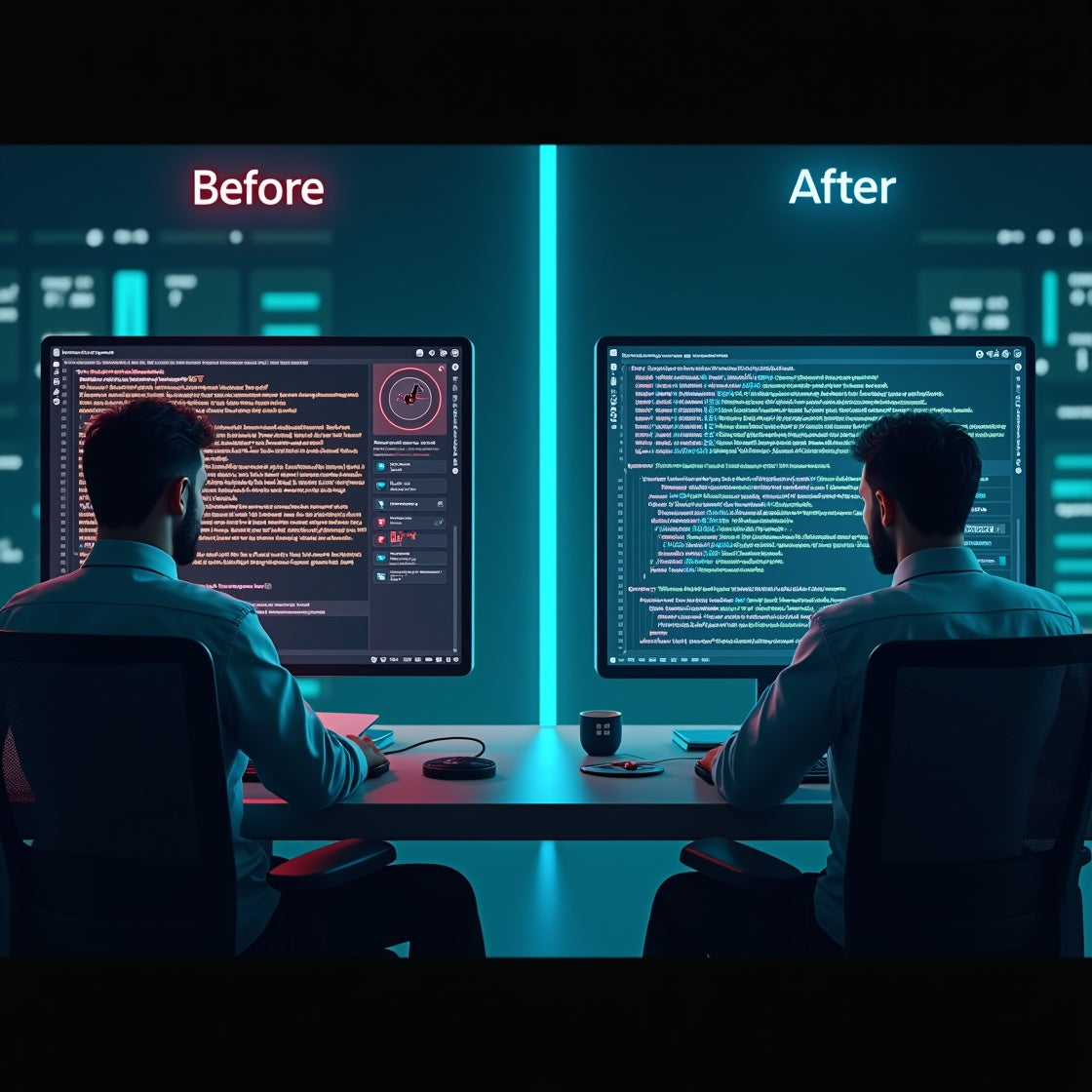 Before and after comparison of a programmer working on code with a dark-themed interface.