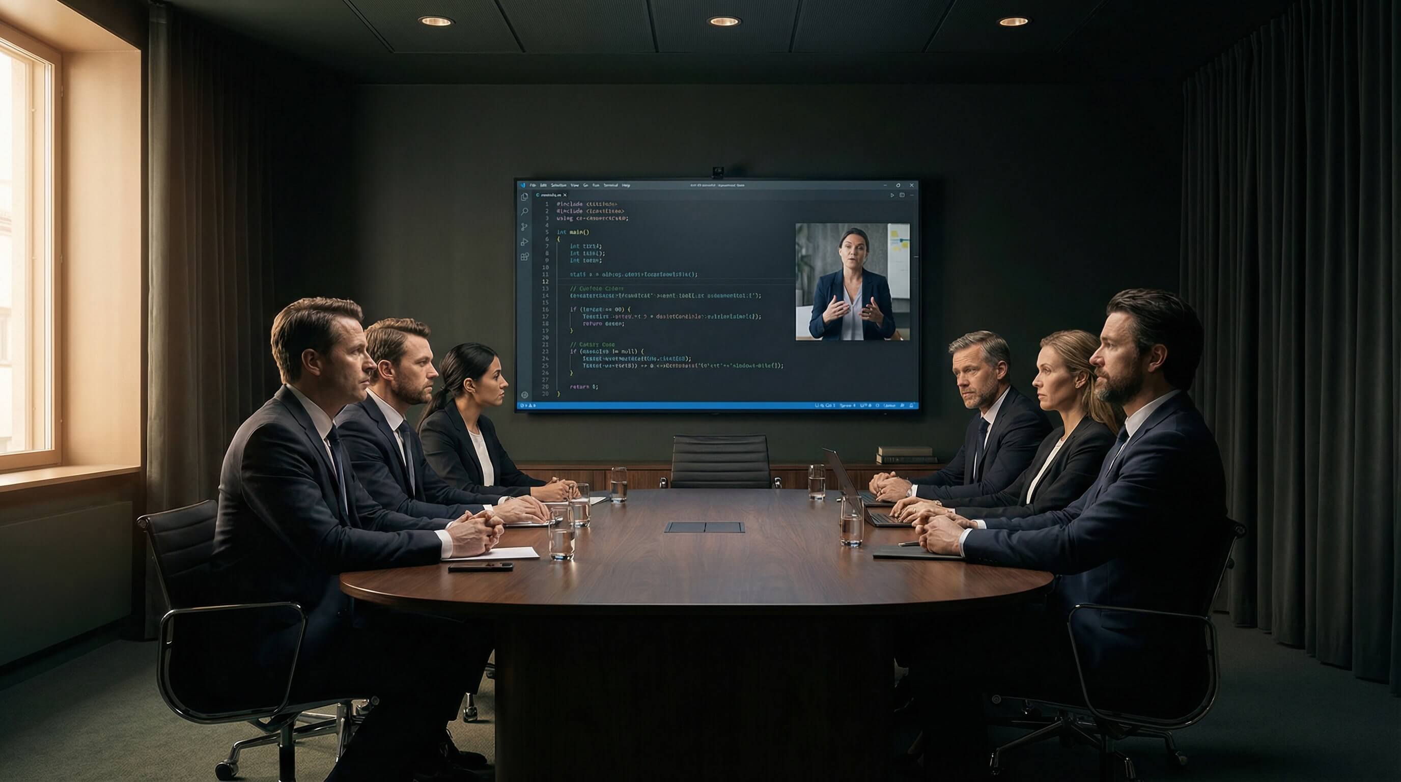 Group of people in a conference room with a screen displaying a video call.