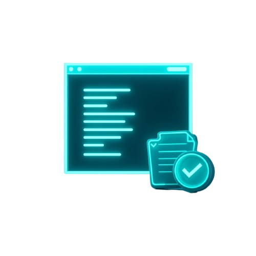 Icon of a computer screen with code and a document with a check mark on a white background