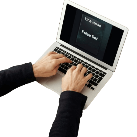 Person using a laptop with 'Dravexis Pulse Set' on the screen